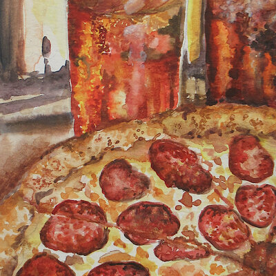 Pizza for dinner, original watercolor painting by n.e.thompson, artwork size 5.5x8.5 inches