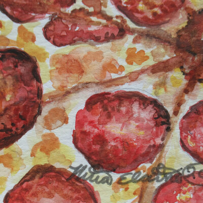 Pizza for dinner, original watercolor painting by n.e.thompson, artwork size 5.5x8.5 inches