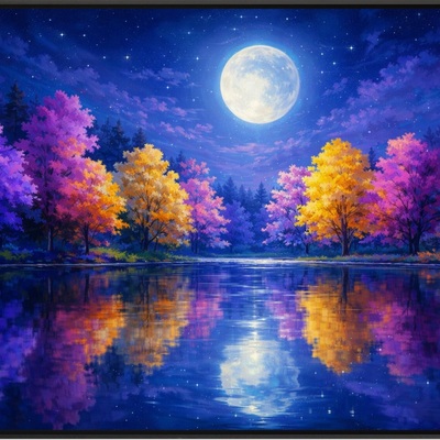 Luminous moonlit forest reflection wall art – purple & gold landscape print