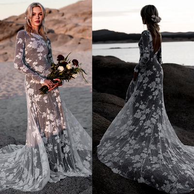 Lace wedding dresses with long sleeves v back