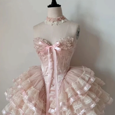 Princess sweetheart collar bow lace edge fluffy short homecoming dress