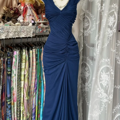 Vintage navy blue chiffon pleats prom dress formal evening dress