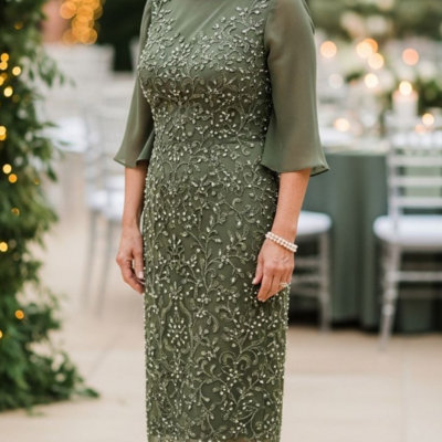 Tea length oliver green chiffon mother of bride /groom dresses lace evening gowns