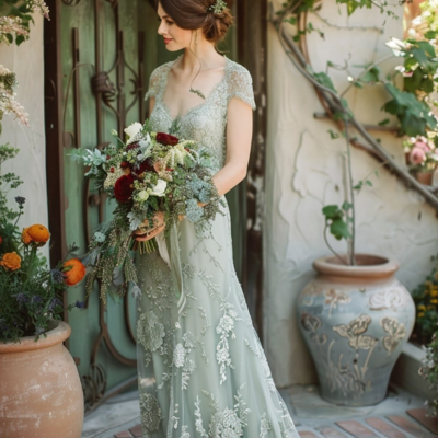 Beautiful a line sage green tulle wedding dress with lace appliques 