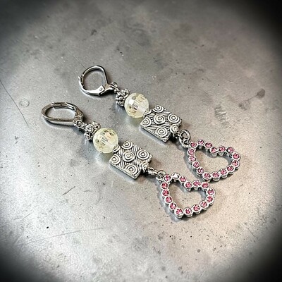 2.5" pink crystal rhinestone heart dangle earrings 