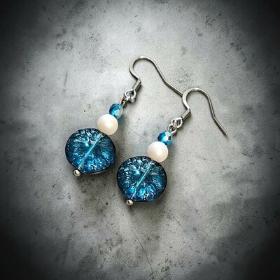 Teal czech fire polished dahlia flower coin "sw" satin white pearl drop dangle stainless steel earrings