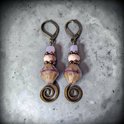 Lavender and pink czech glass and jasper bronze spiral lever back drop dangle earrings