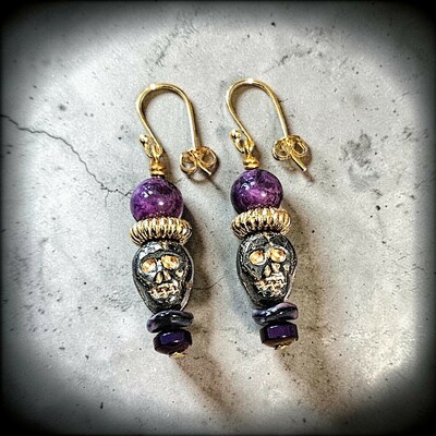 Glass, hematite and crazy lace agate gold washed skull earrings with gold plated french ear wires
