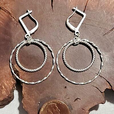 Bright silver plated double hoop earrings with lever-back ear wires