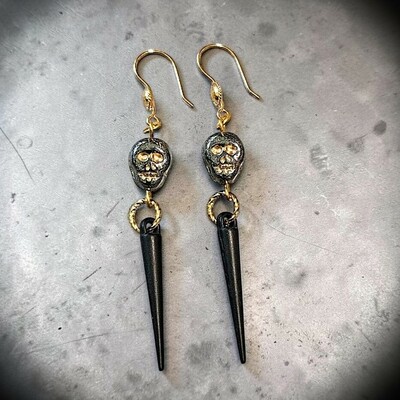Black and gold czech glass skull matte finish black spikes charm drop dangle earrings