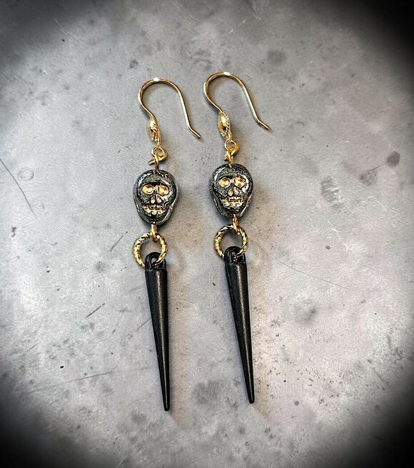 Black and Gold Czech Glass Skull Matte Finish Black Spikes Charm Drop Dangle Earrings