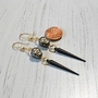 Black and Gold Czech Glass Skull Matte Finish Black Spikes Charm Drop Dangle Earrings-1