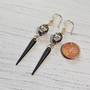 Black and Gold Czech Glass Skull Matte Finish Black Spikes Charm Drop Dangle Earrings-2