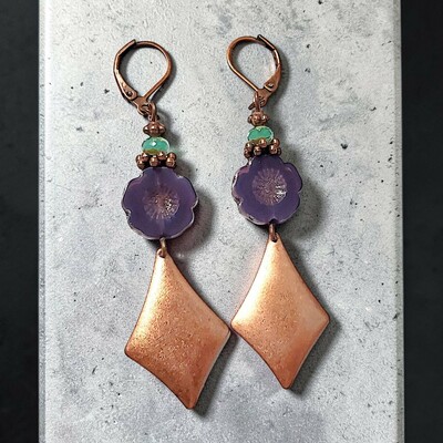 Czech glass purple opaline flower sea foam green faceted rondelle beads antique copper dangle drop lever back earrings