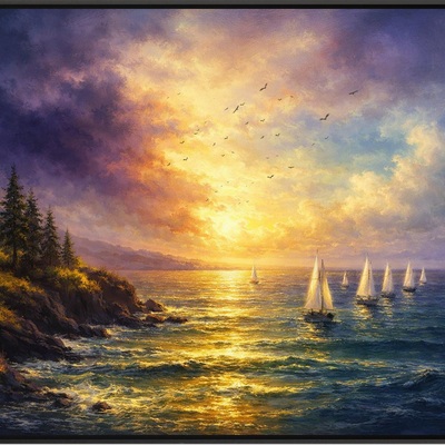 Gold and purple sunset sailboat coastal seascape art print - 36x24