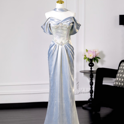 Gray blue satin sequins long prom party dress