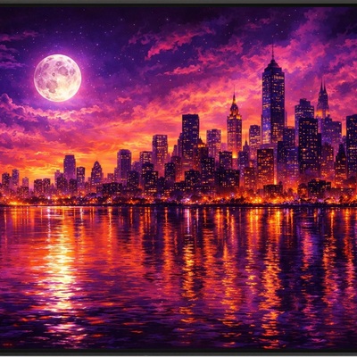 Vibrant purple gold city skyline full moon art print 36x24