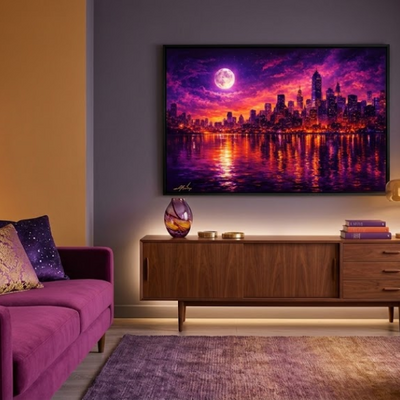 Vibrant purple gold city skyline full moon art print 36x24