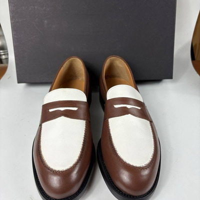 Handmade men's brown & white penny loafers | premium leather slip-on dress shoes | luxury formal footwear
