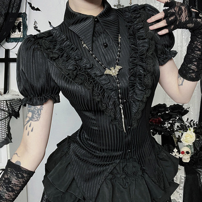 Vintage gothic black jacquard short sleeve blouses y2k tops