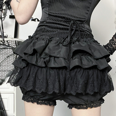 Gothic punk girls kawaii high waist shorts skirts vintage lace ruffles shorts y2k e-girl black women pumpkin bloomers