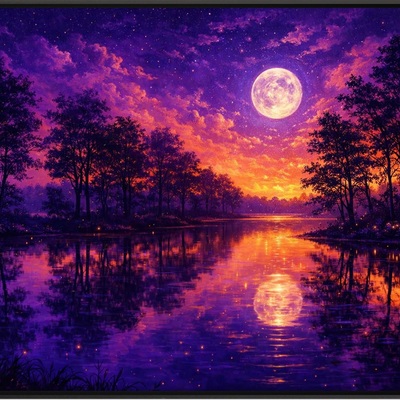 Purple and gold full moon landscape art print - mystic forest wall decor 36x24
