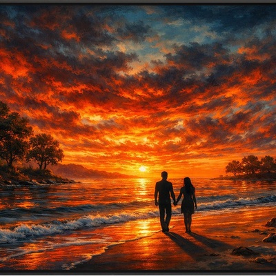 Romantic beach sunset painting - red and orange couple wall art print (36x24)
