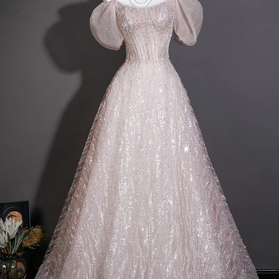 Pink tulle sequins long a-line prom party gown