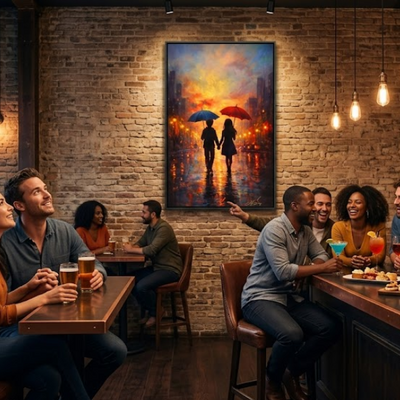 Romantic couple art print blue and red urban sunset landscape 24x36