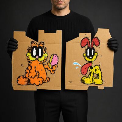 Diptych paintings by celipe perroloco "corrupted orange cat & happy dog"  