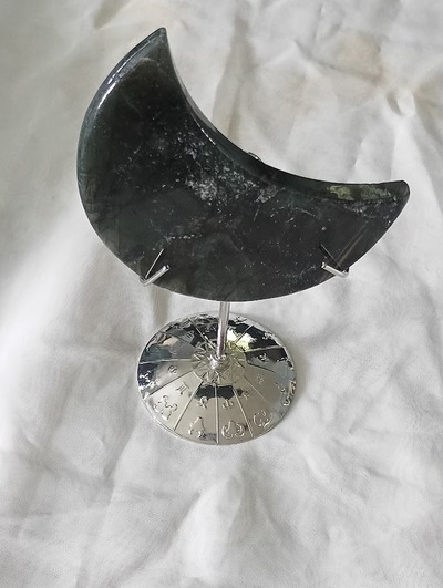Volcanic Moss Green Hand Carved Moon Agate Quartz on a Stand