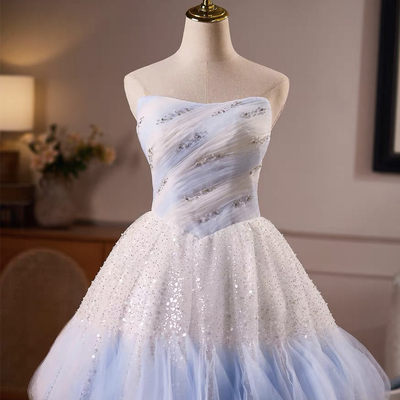 Light blue tulle sequins short prom party dress