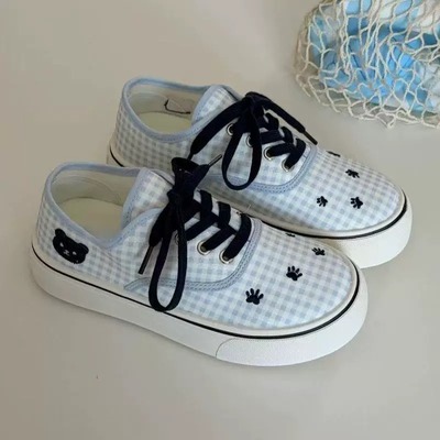 Cute gingham pattern paw embroidered canvas shoes