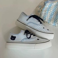 Cute Gingham Pattern Paw Embroidered Canvas Shoes - Thumbnail 1