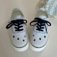 Cute Gingham Pattern Paw Embroidered Canvas Shoes - Thumbnail 2
