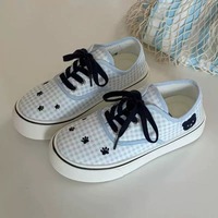 Cute Gingham Pattern Paw Embroidered Canvas Shoes - Thumbnail 3