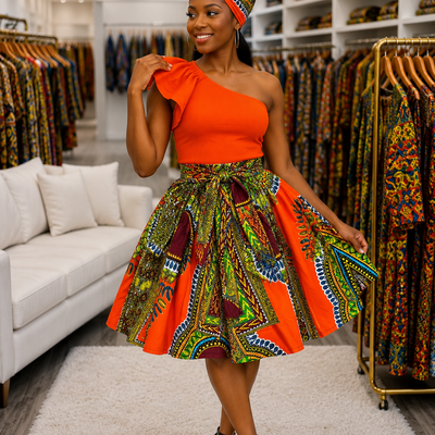 Orange blossom ankara skirt set