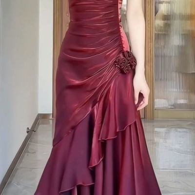 Straps burgundy a line ruched prom dress long evening dress
