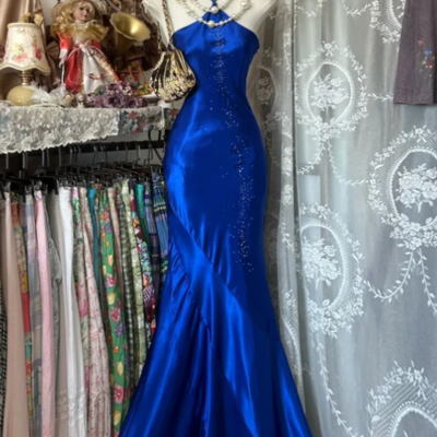 Elegant halter royal blue stain open back prom dress
