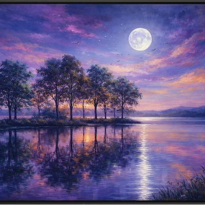 Purple pink moonlight lake art print 36x24 large landscape wall decor unframed