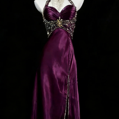 Halter purple satin beaded long prom dresses graduation dresses