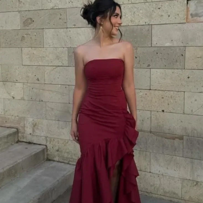 Strapless burgundy satin with pleated long prom dresses formal evening dress 