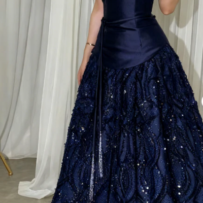 Elegant straps blue sequin long prom dresses formal dress