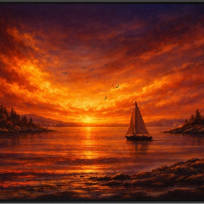 Sunset sailboat wall art print – orange purple nautical landscape