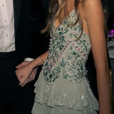 Spaghetti straps mint green chiffon sequin beaded homecoming dress