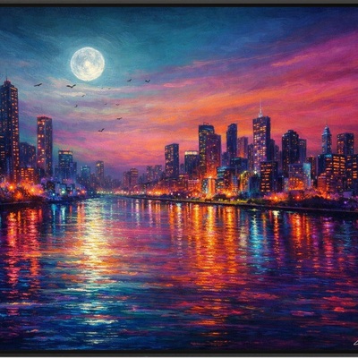 City skyline full moon art print - purple and orange sunset landscape - 36x24