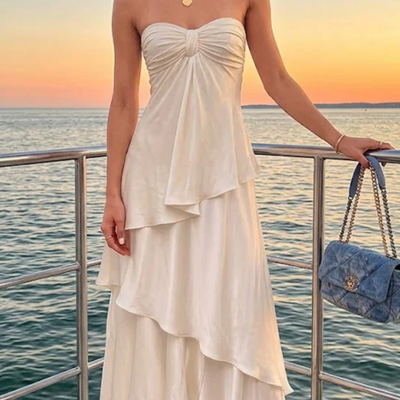 Elegant a-line ivory soft straplesstiered prom dress evening dress