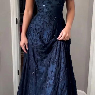 Vintage halter a-line navy blue lace beadings prom dresses
