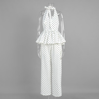 Polka Dot Printed Halter Top with Wide Leg Pants Set - Thumbnail 7