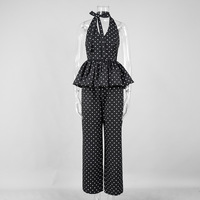 Polka Dot Printed Halter Top with Wide Leg Pants Set - Thumbnail 6